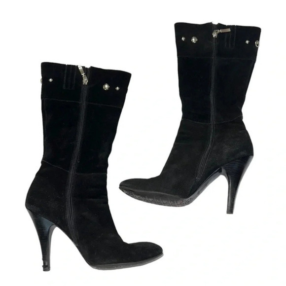 Guess Nerina 10M black suede silver studded 4.5" heeled boots w/ side zipper - Picture 2 of 10